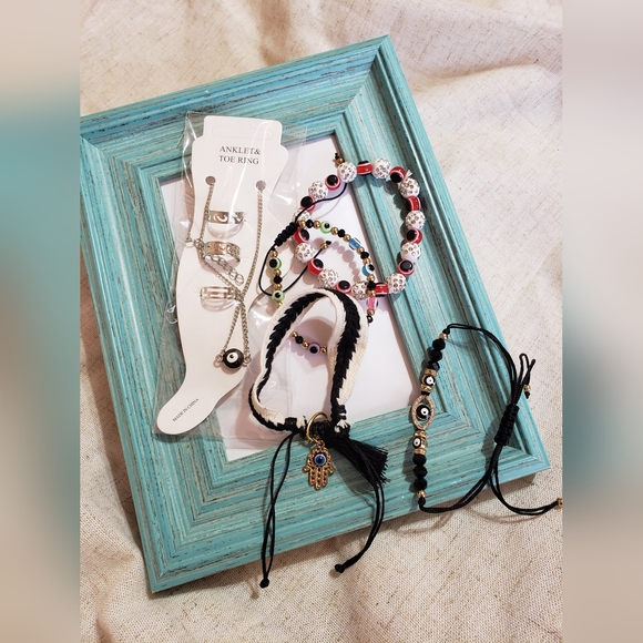 Evil Eye Jewelry Bundle Of 5 Pieces Bracelets, Ankle And Toe Rings - Picture 1 of 3